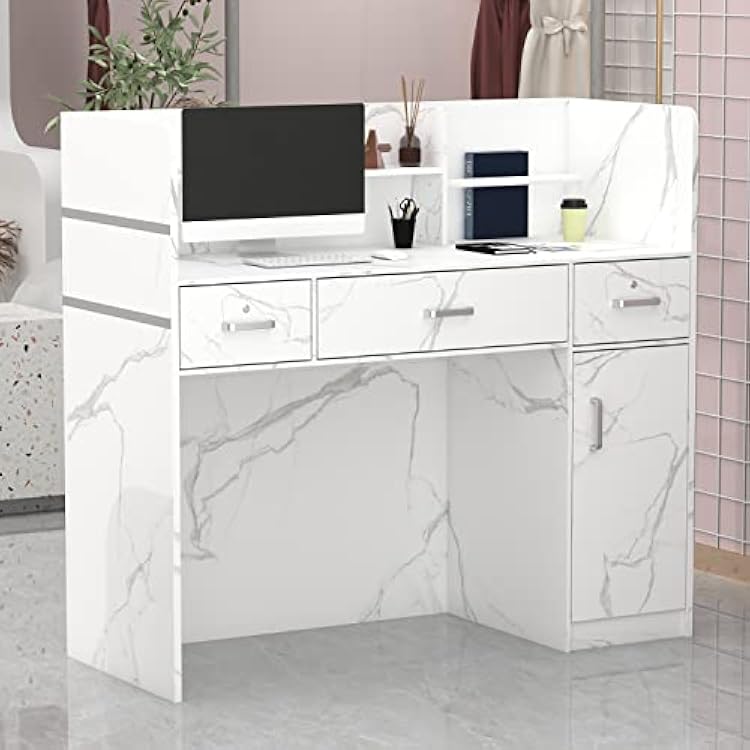 AGOTENI Reception Desk Reception Stations with Open Shelf & Drawers, Wooden Counter Desk with Lockable Drawer for Office Reception Room Marble White