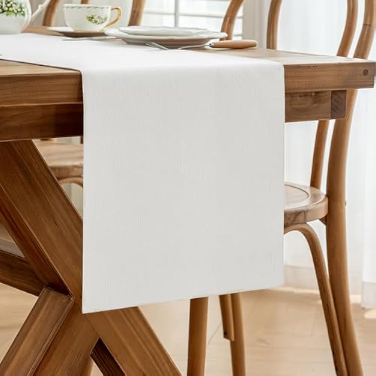 Laolitou White Table Runners 90 Inches Long, Burlap Linen Texture Farmhouse Boho Table Runner, Rustic Dining Table Decor Long 13x90 Inches, White