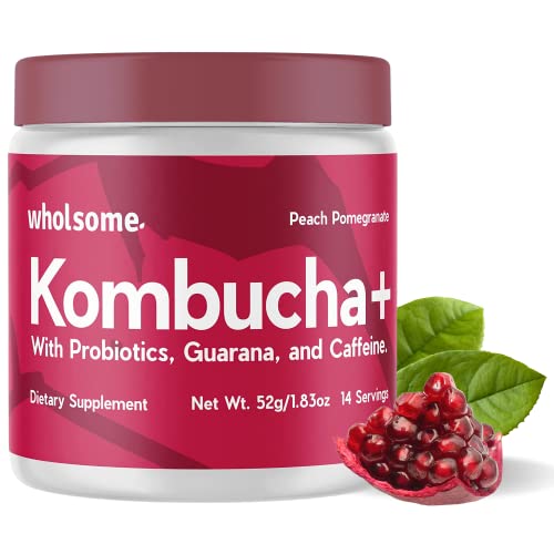 Kombucha Ready To Mix Powder - 14 Servings - With Probiotics, Guarana and Caffeine - Peach Pomegranate