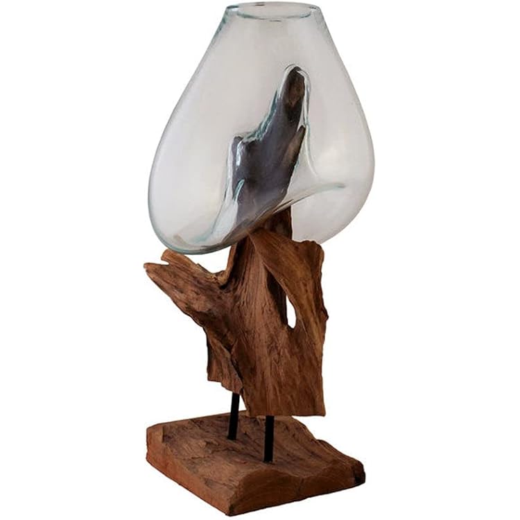 OMA Hand Blown Molten Glass and Teak Vase Sculpture Natural Solid Wood and Recycled Glass Modern Home Decor Large Size