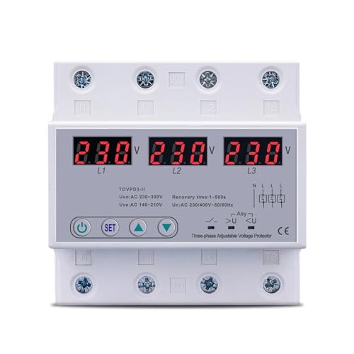 Three Phase Adjustable Over and Under Voltage Protector 3 Phase Automatic Recovery Protective Device Reset 63A 380V 1Pcs
