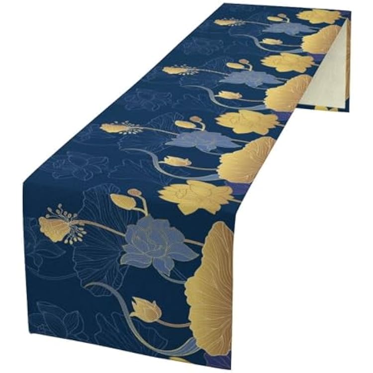 Chinese Lotus Table Runner, Traditional Culture Floral Elegant Oriental Line Art Abstract Table Runner for Kitchen Living Room Home Bedroom Dinner Set, Blue Golden 13x36 Inch