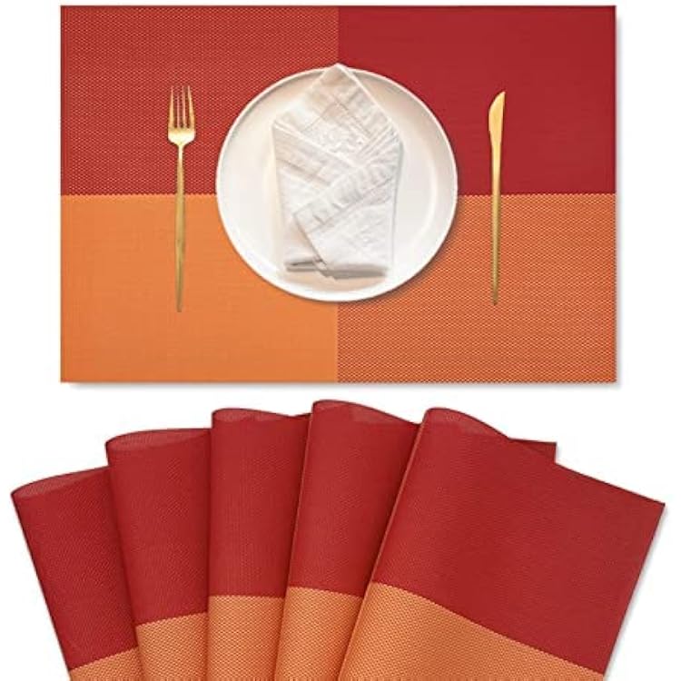 Set of 6 PVC Heat-Stain Resistant Table Placemats Anti-Skid Washable Kitchen Table Mats Non-Slip Double Sided Placemats Easy to Clean Suitable for Dining Table Kitchen 45cmX30cm Orange