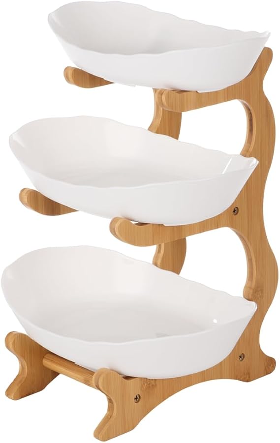 Fruit Serving Tray Set, 3-Tier Fruit Bowl with Stand, Large Fruit Basket for Kitchen, Plastic Fruit Bowls with Bamboo Stand, Oval Serving Bowls with Wood Rack for Sushi, Candies, Desserts