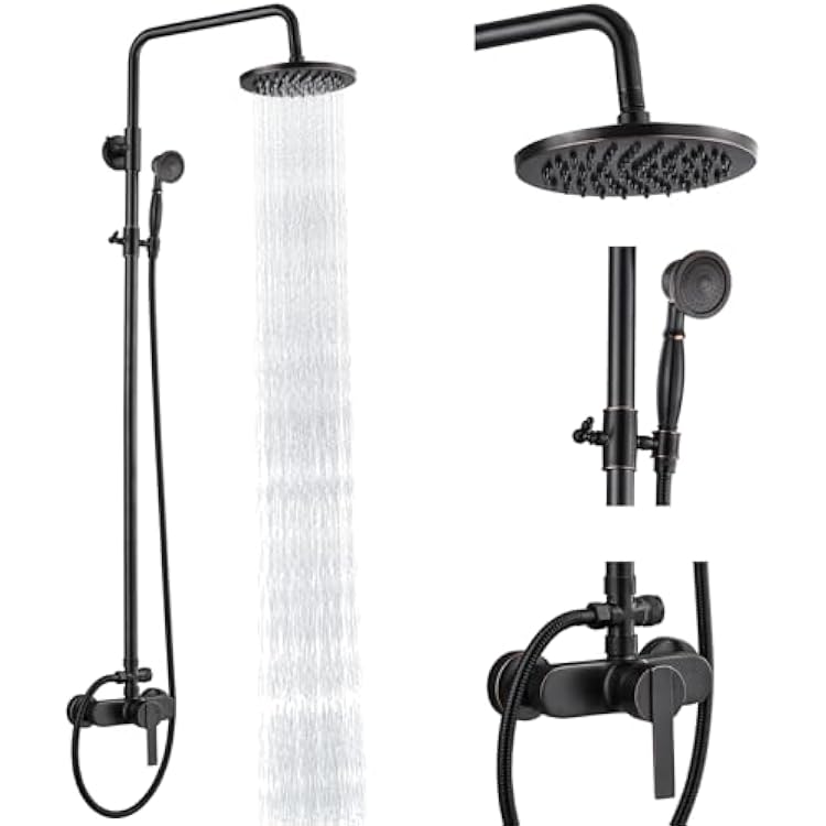 Heyalan Oil Rubbed Bronze Exposed Pipe Shower System 8 Inch Rainfall Shower Head Brass Fixture Combo Set Single Handle Handheld Sprayer Bathroom Shower Faucet Dual Functions