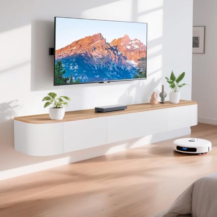 Wall MountFloating TV Stand - 55.1 Inch Solid Wood Entertainment Center with 2 Drawers & Hidden Storage, Wall Mounted Media Console for Living Room, Bedroom Full Assembly