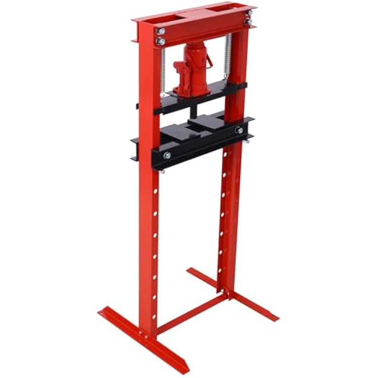 Hydraulic 12-Ton Shop Press, Floor Mount, with Press Plates, H-Frame Garage Floor Press, Adjustable Working Table Height Red