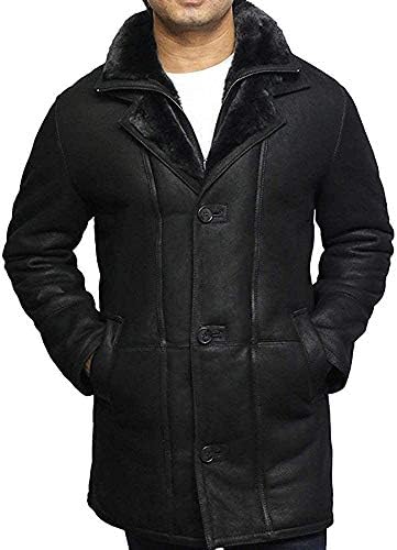 BRANDSLOCK Mens Real Shearling Sheepskin Leather Warm Duffle Trench Coat