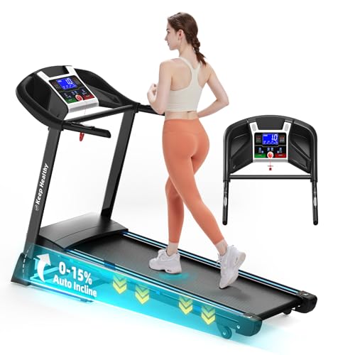 Treadmills for Home, 3 HP Quiet Brushless Folding Treadmill with 15% Auto Incline and Portable Running Machine 400 Lbs Capacity, App, Pulse Sensor Heart Rate LCD Display Holder for Cup & Phone