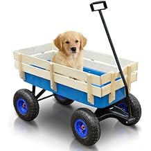 All-Terrain Wagon with Removable Wooden Side Panels - Garden & Pet Folding Wagon with Steel Bed & Pneumatic Tires - Blue