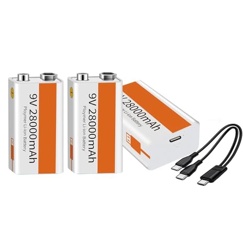 9V Lithium Battery High Capacity 28000mAh Rechargeable 9 Volt Square Batteries 2 Pack3 Pack with 2 in 1 USB Charging Cable for Household and Office Devices