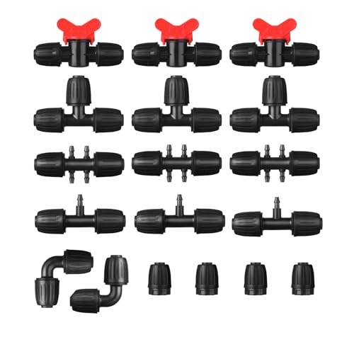 18 Pcs 12 Inch Drip Irrigation Tubing Fittings Kit - Drip Line Parts for Drip Systems - 3 Switch Valves, 3 Tees, 3 Barbed Lock T Connectors, 3 Barbed 6 Way Connectors, 2 Elbows, 4 End Caps - Black