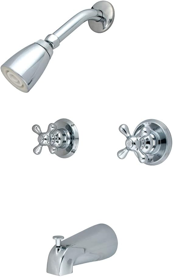 Kingston Brass KB241AX Twin Handle Tub and Shower Faucet with Decor Cross Handle, Polished Chrome,5-Inch Spout Reach