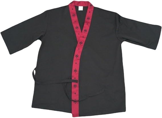 Unisex 3/4 Sleeve Black Sushi Chef Coat Kimono Cardigan Japanese Chef Uniform Red Patchwork Printed Chef