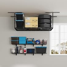 FLEXIMOUNTS 3x6 Overhead Garage Storage Adjustable Ceiling Storage Rack with 2-Pack 1x6ft 12-inch-by-72-inch Wall Shelf, 450lbs+600lbs Capacity,Black