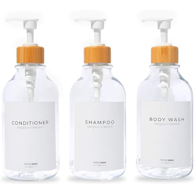 MaisoNovo Refillable Shampoo and Conditioner Bottles - 16.9 fl oz Set of 3 Clear Plastic Bottles White Bamboo Pumps