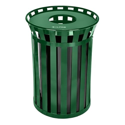 Alpine Commercial Outdoor Trash Can - 38 Gallon Heavy Duty Green Recycle Garbage Can with Liner, Open Top Lid, All Weather Resistant Large Outside Trash Can for Parks, Parking, School