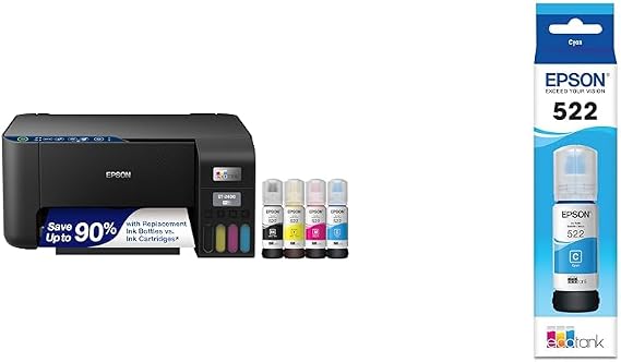 Epson EcoTank ET-2400 Wireless Color All-in-One Cartridge-Free Supertank Printer & 522 EcoTank Ink Ultra-High Capacity Bottle Cyan (T522220-S) for ET-2720