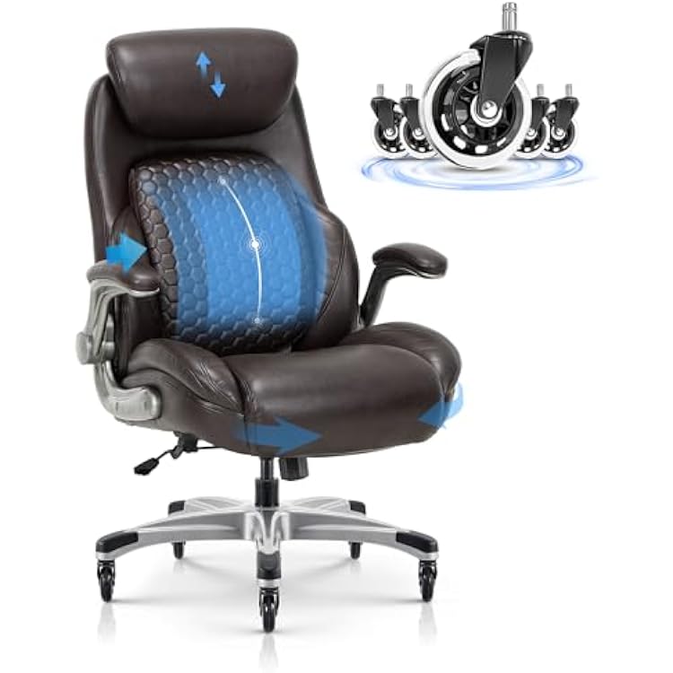 COLAMY Office Ergonomic Desk High Back Executive Chair with Pop-Out Lumbar Support, Upgraded Casters, Adjustable Headrest, Flip-Up Arms, Leather Home with Thick Cushion for Comfort - Brown