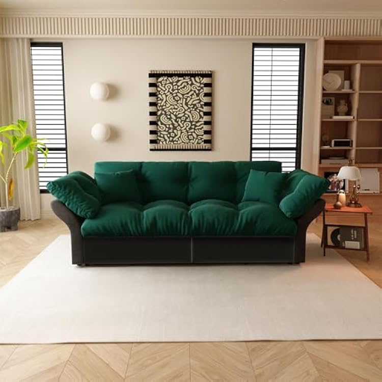 74.8 Queen Velvet Convertible Sofa Bed, 3-in-1 Pull Out Sleeper Couch with Storage & 2 Pillows, Multi-Functional Loveseat for Living Room, Bedroom Green