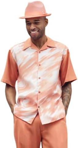 MONTIQUE Mens Walking Suits | Short Sleeve Beach Outfits for Men Button-Up Shirt & Relaxed-Fit Cuffed Pants | 2404