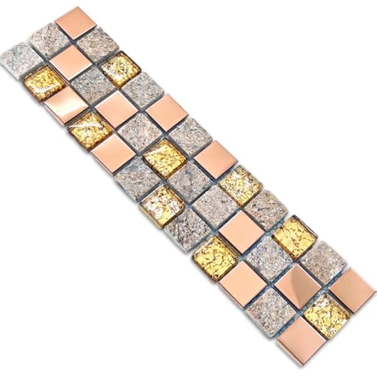 Hominter Luxury Glass Stone Tile Rose Gold Glitter Metal Mosaic Accent Backsplash Tiles in Kitchen Bathroom Walls and Fireplace Decor 3x12 Sample