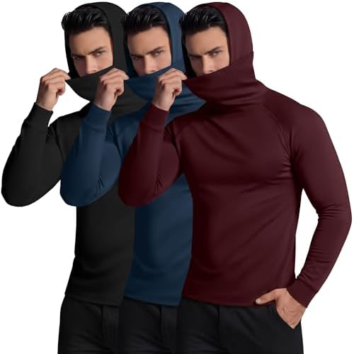 3 Pack Mens Compression Hoodie with Face Mask Sweatshirt Long Sleeve Hooded Pullover Base Layer Active Shirts