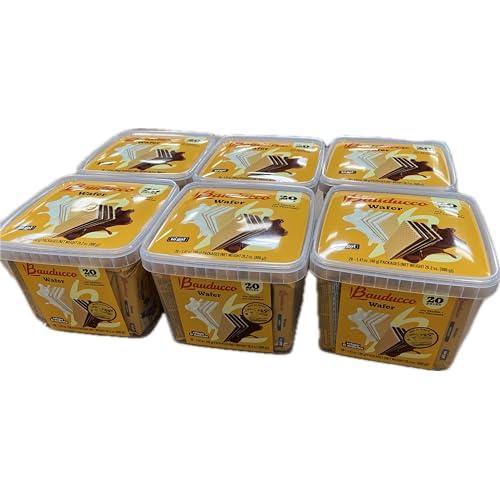 Case of 6 Pack Snack Wafer Tub, each tub has 20 pk. of individualv wrapped wafer. Total 120 single served wafer with 60 chocolate and 60 vanilla, Great snack for school or office Bauducco Wafer Tub
