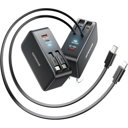 SUPERONE 78W Retractable Charger with USB C & Apple Cables, 4-Ports GaN Retractable Wall Charger, USB C Chargers Block Fast Charging for iPhone 171615141312, iPad, Galaxy