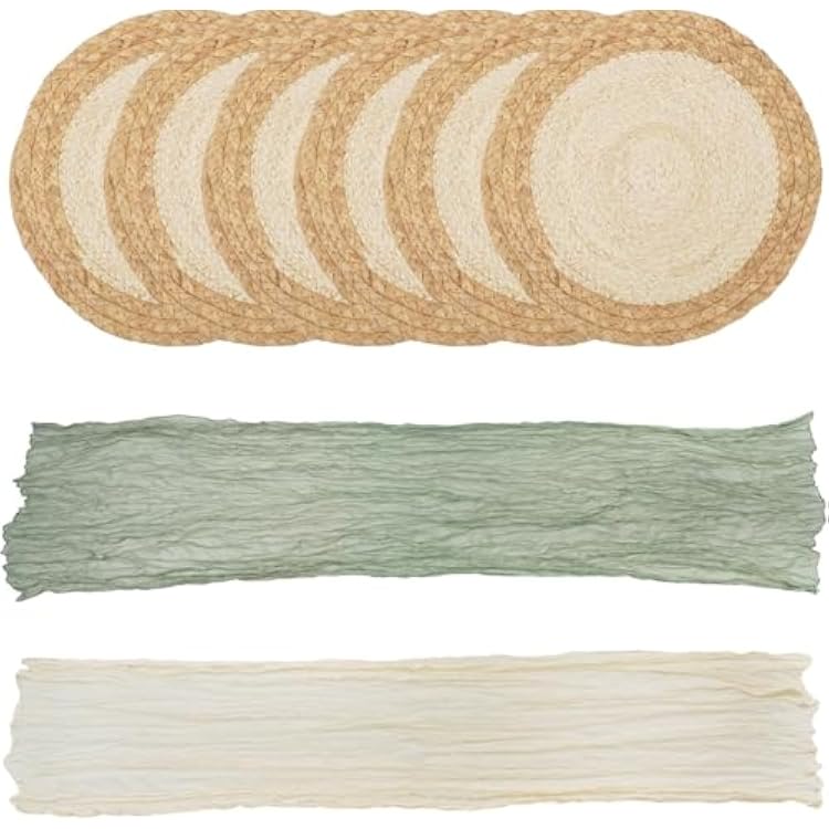 PuTian Woven Round Placemats 13.8 Set of 6, Cheesecloth Table Runner 2 Pcs, Handmade Boho Natural Water Hyacinth Corn Husk Table Mats for Farmhouse Wedding Party Kitchen Rustic Home Decor