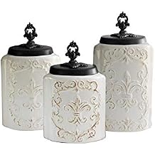 American Atelier Fleur de Lis White Canister Set 3-Piece Ceramic Jars in 84.5oz, 74.5oz, 60oz Designed w/ Airtight Stainless Steel Lids for Cookies, Candy, Coffee, Flour, Sugar, Rice, Pasta, Cereal