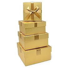 Set Of 4 Gold Square Gift Boxes with Ribbon Bow Assorted Sizes Nesting Christmas Box Durable Cardboard Reusable for Wrapping Gifts Holiday Wedding Present Bridesmaid Bridal and Baby Shower Anniversary