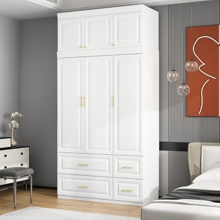 MOUMON 3 Door Wardrobe Closet with Drawers and Shelves, Armoire Wardrobe with Hanging Rod, Top Cube Storage, Gold Metal Handles, for Bedroom White 47.2W x 20.6D x 94.7H