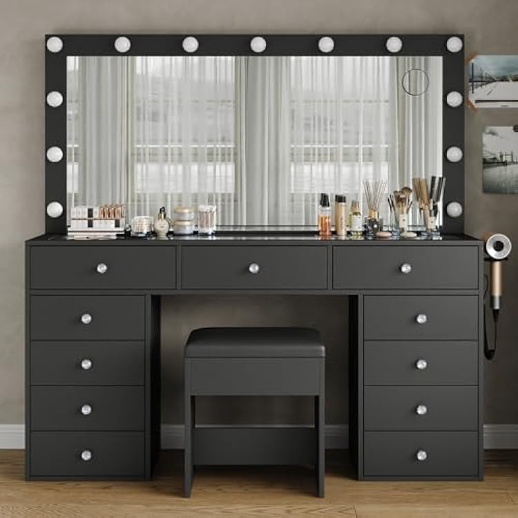 FUSOU Vanity Desk, 11 Drawers Makeup Vanity with Power Outlet, Vanity Table with Mirror and Lights, 3 Color Lighting Modes, Dressing Table for Bedroom Black