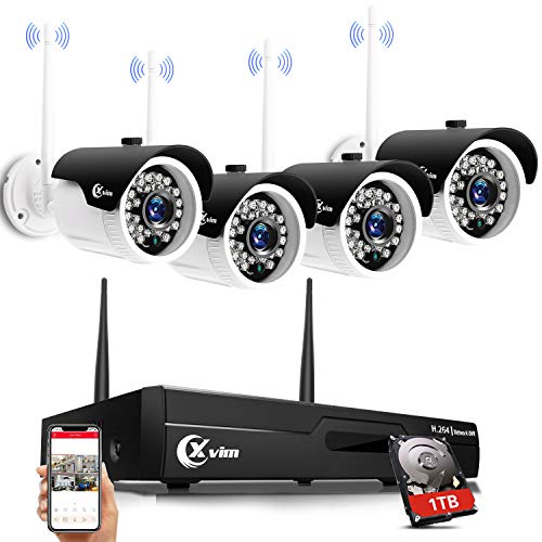 XVIM H.264 Wireless Security Cameras System, 4CH 1080P HD NVR 4pcs 720P Wireless Outdoor Indoor Waterproof Surveillance Cameras 85FT Night Vision with 1TB HDD