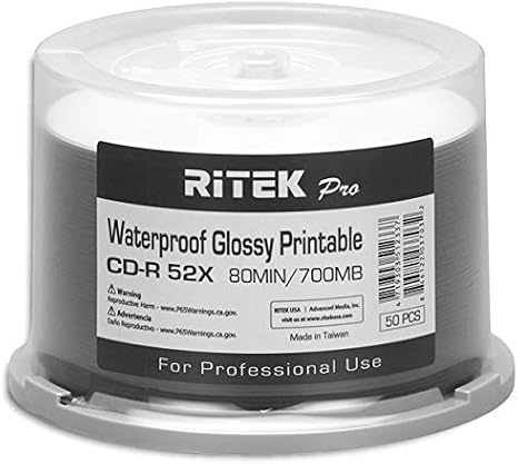 100 Ritek Pro CD-R 700MB Water Resistant Glossy White Inkjet Printable Disc | Professional Grade, Works for Inkjet Printer, Glossy Photographic Finish, Waterproof Watershield Feature, Fast Ink-Drying
