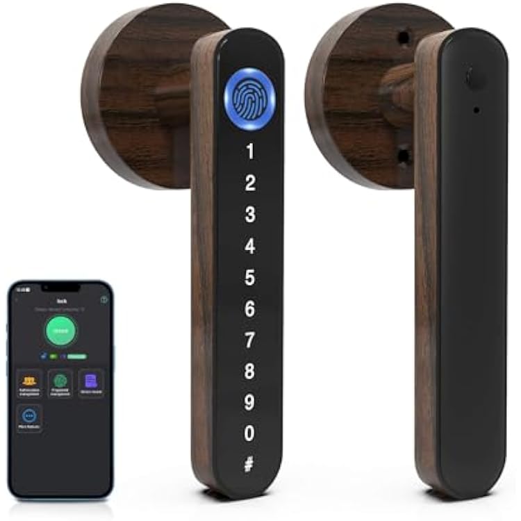 eLinkSmart Fingerprint Door Knob Lock, Smart Keyless Entry Door Lock with Code Keypad Handle, Electronic Biometric Security Locking Door Lever Locks for Bedroom Interior Indoor Room - Wood