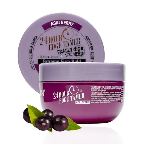 24 Hour Argan Oil Edge Tamer Refresh 8.25oz 250ml, Acai Berry | Extreme Firm Hold, Smooths & Tames Frizz | No Flaking or Drying | High Shine, Long Lasting, All Hair Types, Styling Gel.