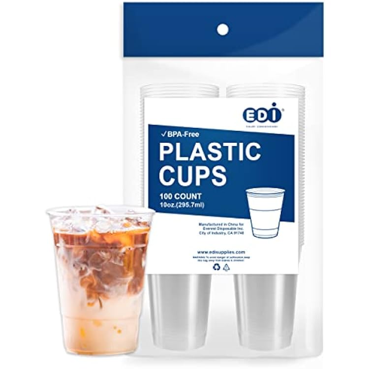 EDI 10 oz Clear Disposable PET Plastic Cups - Durable, Crack-Resistant, BPA Free, Stackable, 100 Pack