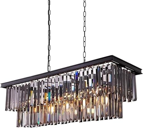 Modern Black Crystal Chandelier – Rectangular Island Light with Smoky Crystal Prisms, Adjustable Height Pendant Lighting for Dining Room, Kitchen, or Living Space – E14 Bulbs Compatible [Energy Class A]
