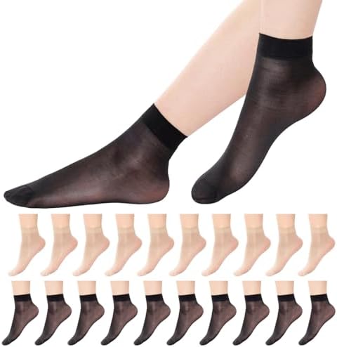 20 Pairs Women's Ankle Sheer Nylon Socks Soft Thin Tight Hosiery with Reinforced Toe Black Nude One Size