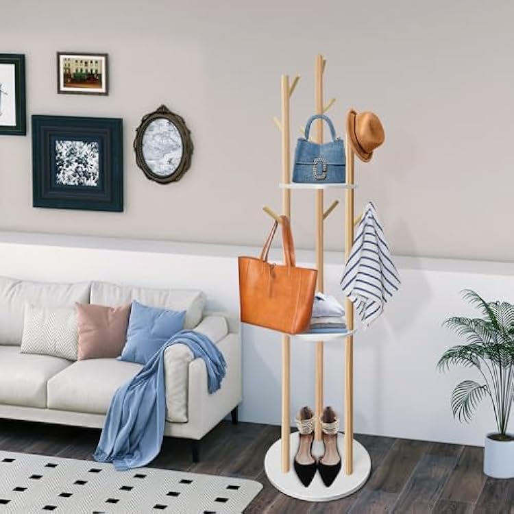LIWSHWZ Solid Wood Coat Rack Freestanding,Coat Hanger Stand with 3 Shelves and 9 Hooks,Hall Tree for Bedroom, Entryway, Livingroom, Coat Hanger Stand for Coats, Scarves, Handbags