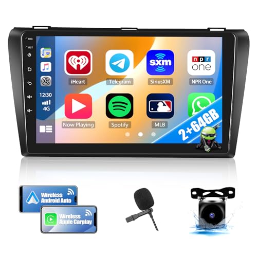 264GB Car Stereo Radio with Wireless Apple Carplay Android Auto for Mazda 3 2004-2009, 9 Android 13 Touch Screen Car Radio with GPS Navigation HiFi WiFi Bluetooth FM RDS Head Unit with Backup Camera