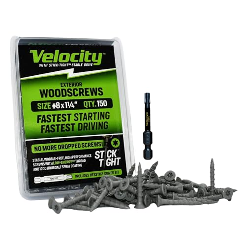 Velocity Exterior 1 14 Wood Screws DIY Pack Size #8 Fence Screws for Wood, Stick Tight Technology, Made with Carbon Steel, Includes 1 Hexstix Drive Bit 150 Pieces