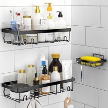 Moforoco 3-Pack Shower Caddy Basket Shelf with Soap Holder, No Drilling Traceless Adhesive Shower Wall Shelves, Rustproof Black Bathroom Shower Storage Organizer