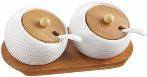 2 Pcs Porcelain Condiment Jar Set, Spice Container with Bamboo Cap and Ceramic Serving Spoon, Wooden Tray, Used to Store Sugar, Spices, Coffee, Tea, 170 ML(5.8 OZ)