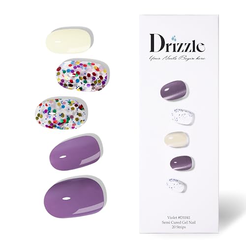 Drizzle Semi Cured Gel Nail Strips, Real Nail Polish Art Stickers UVLED Light Required,Glossy,Glitter, Solid Color,Full Nail Wraps Long Lasting,Nail Strips Decal for Women Violet-1