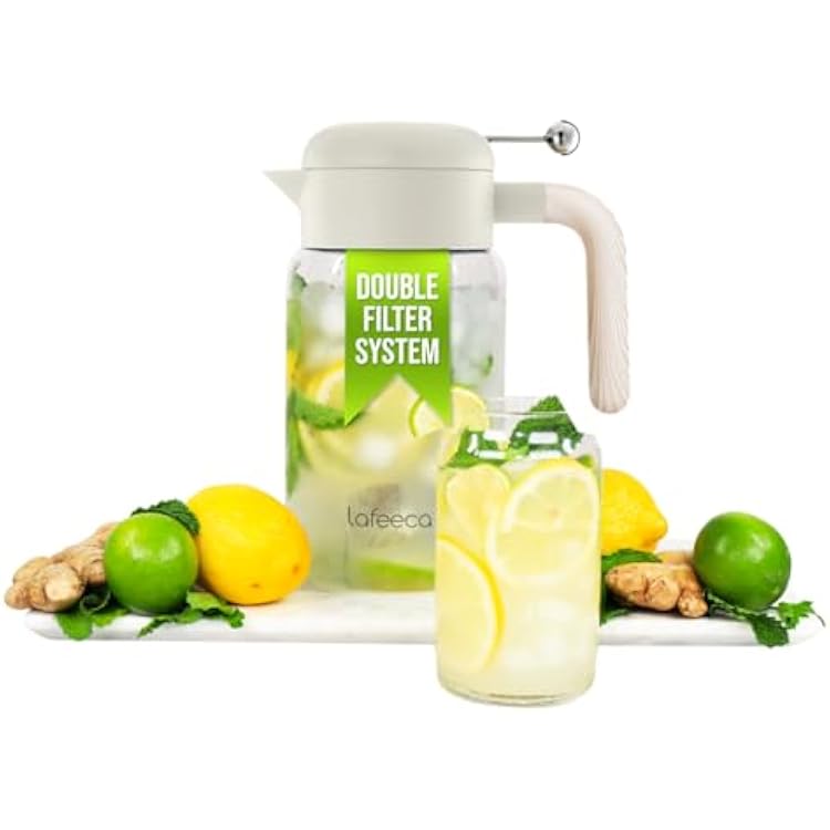LAFEECA Iced Tea Maker and Infuser - Large Jug with Airtight Lid for Cold Brew - Stainless Dual Ultra Filter - Tritan Pitcher - 2000 ml  68 oz - Dune