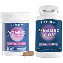 BIOHM Prebiotic and Women's Probiotic Bundle, Fiber Supplement with Inulin and Apple Pectin Powder, 60 Capsules with 30B CFU Daily Probiotics, Comprehensive Gut, Vaginal, Digestive Support 30 Capsules