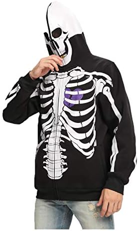 Mens Skeleton Printing Zip Hoodie in Black Cotton Fleece